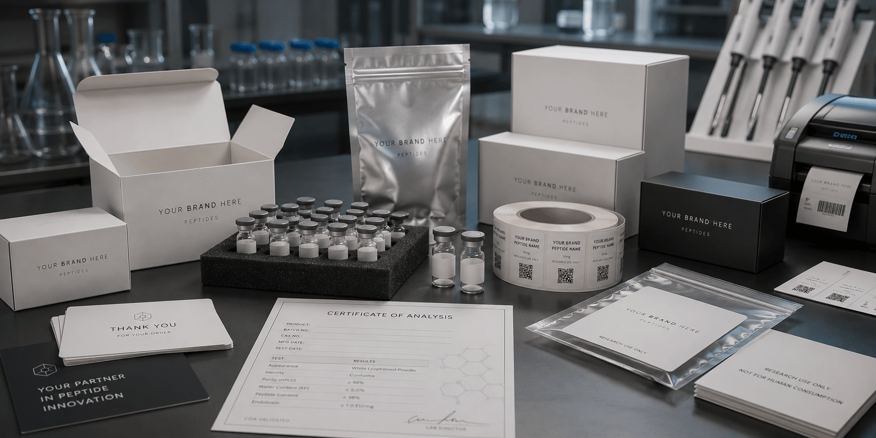 Custom peptide packaging, labels, and lot codes staged for fulfillment